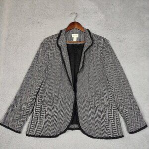 Chico's Jacket Womens 2 Black White Herringbone Ruffle Trim Career Preppy Blazer
